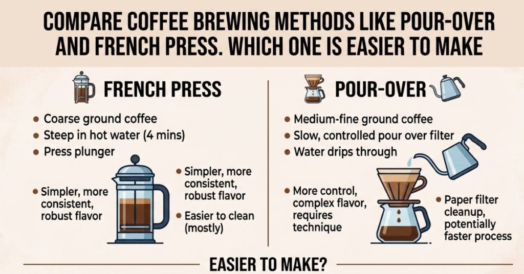 If you’ve ever stood in a kitchen wondering compare coffee brewing methods like pour-over and french press. which one is easier to make, you’re definitely not alone. Coffee lovers often debate which method gives better flavor—but the real question most beginners care about is simplicity. Both pour-over and French press can make amazing coffee, but they feel very different to use. In this guide, we’ll break down how each method works, what makes them unique, and ultimately help you decide which one is easier for your daily routine. Understanding the Two Brewing Methods Before comparing difficulty, let’s quickly understand how each method works. ☕ Pour-Over Coffee Pour-over involves manually pouring hot water over coffee grounds using a filter. Common tools: Dripper (like V60 or similar) Paper filter Kettle ☕ French Press Coffee French press uses immersion brewing—coffee grounds steep directly in hot water, then are separated using a plunger. Common tools: French press pot Coarse coffee grounds Hot water How Pour-Over Coffee Works Pour-over is all about control and precision. Basic Steps: Place filter in dripper Add medium-fine coffee grounds Slowly pour hot water in circles Let it drip through completely What Makes It Special: Clean, crisp flavor Full control over brewing speed Highlights subtle coffee notes But here’s the catch—it requires focus. How French Press Coffee Works French press is much more relaxed. Basic Steps: Add coarse coffee grounds Pour hot water Stir lightly Wait 4 minutes Press plunger down slowly What Makes It Special: Rich, bold flavor No paper filter (more oils stay in cup) Very forgiving process Pour-Over vs French Press: Ease of Use Comparison Now let’s answer the main question: which one is easier to make? 🟤 French Press (Easier for Beginners) Why it wins on simplicity: Fewer steps No pouring technique needed Hard to mess up Works even if timing isn’t perfect 👉 If you’re new to brewing, French press is the easier option. ⚪ Pour-Over (More Skill Required) Why it’s harder: Requires slow, controlled pouring Timing matters a lot Water distribution affects taste Needs more attention 👉 It’s rewarding, but not beginner-friendly. Flavor Differences: What You’ll Notice Ease isn’t everything—taste matters too. Pour-Over Flavor: Light and clean More acidic notes Highlights subtle flavors French Press Flavor: Full-bodied and rich Slightly heavier texture More oils and depth Time and Effort Comparison ⏱ Pour-Over: Prep: 2–3 minutes Brewing: 3–4 minutes Cleanup: Medium effort ⏱ French Press: Prep: 2 minutes Brewing: 4 minutes Cleanup: Easy (just rinse and press out grounds) Mistakes Beginners Make Pour-Over Mistakes: Pouring too fast Uneven water distribution Wrong grind size French Press Mistakes: Grinding too fine (leads to sludge) Over-steeping coffee Not pressing slowly Which One Should You Choose? Here’s a simple guide: Choose French Press if: You want easy brewing You like strong, bold coffee You don’t want precision tools Choose Pour-Over if: You enjoy coffee craft and control You like lighter, cleaner flavor You don’t mind learning technique Pro Tips for Better Coffee No matter which method you choose: Always use fresh ground beans Use filtered water Keep water temperature around 90–96°C Experiment with grind size Small changes make a big difference. FAQs 1. Which is easier: pour-over or French press? French press is easier because it requires less technique and attention. 2. Does pour-over taste better than French press? It depends—pour-over is cleaner, French press is richer. 3. Can beginners use pour-over coffee? Yes, but it takes practice to get consistent results. 4. Why is French press coffee stronger? Because it allows more oils and fine particles into the cup. 5. Which method is faster? Both take similar time, but French press is simpler overall. Conclusion When you compare coffee brewing methods like pour-over and french press. which one is easier to make, the answer is pretty clear: French press wins on simplicity. It’s beginner-friendly, forgiving, and quick to master. Pour-over, on the other hand, is for people who enjoy the process and want more control over flavor. If you’re just starting your coffee journey, go with French press. Once you’re comfortable, you can explore pour-over and refine your brewing skills even further.