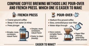 If you’ve ever stood in a kitchen wondering compare coffee brewing methods like pour-over and french press. which one is easier to make, you’re definitely not alone. Coffee lovers often debate which method gives better flavor—but the real question most beginners care about is simplicity. Both pour-over and French press can make amazing coffee, but they feel very different to use. In this guide, we’ll break down how each method works, what makes them unique, and ultimately help you decide which one is easier for your daily routine. Understanding the Two Brewing Methods Before comparing difficulty, let’s quickly understand how each method works. ☕ Pour-Over Coffee Pour-over involves manually pouring hot water over coffee grounds using a filter. Common tools: Dripper (like V60 or similar) Paper filter Kettle ☕ French Press Coffee French press uses immersion brewing—coffee grounds steep directly in hot water, then are separated using a plunger. Common tools: French press pot Coarse coffee grounds Hot water How Pour-Over Coffee Works Pour-over is all about control and precision. Basic Steps: Place filter in dripper Add medium-fine coffee grounds Slowly pour hot water in circles Let it drip through completely What Makes It Special: Clean, crisp flavor Full control over brewing speed Highlights subtle coffee notes But here’s the catch—it requires focus. How French Press Coffee Works French press is much more relaxed. Basic Steps: Add coarse coffee grounds Pour hot water Stir lightly Wait 4 minutes Press plunger down slowly What Makes It Special: Rich, bold flavor No paper filter (more oils stay in cup) Very forgiving process Pour-Over vs French Press: Ease of Use Comparison Now let’s answer the main question: which one is easier to make? 🟤 French Press (Easier for Beginners) Why it wins on simplicity: Fewer steps No pouring technique needed Hard to mess up Works even if timing isn’t perfect 👉 If you’re new to brewing, French press is the easier option. ⚪ Pour-Over (More Skill Required) Why it’s harder: Requires slow, controlled pouring Timing matters a lot Water distribution affects taste Needs more attention 👉 It’s rewarding, but not beginner-friendly. Flavor Differences: What You’ll Notice Ease isn’t everything—taste matters too. Pour-Over Flavor: Light and clean More acidic notes Highlights subtle flavors French Press Flavor: Full-bodied and rich Slightly heavier texture More oils and depth Time and Effort Comparison ⏱ Pour-Over: Prep: 2–3 minutes Brewing: 3–4 minutes Cleanup: Medium effort ⏱ French Press: Prep: 2 minutes Brewing: 4 minutes Cleanup: Easy (just rinse and press out grounds) Mistakes Beginners Make Pour-Over Mistakes: Pouring too fast Uneven water distribution Wrong grind size French Press Mistakes: Grinding too fine (leads to sludge) Over-steeping coffee Not pressing slowly Which One Should You Choose? Here’s a simple guide: Choose French Press if: You want easy brewing You like strong, bold coffee You don’t want precision tools Choose Pour-Over if: You enjoy coffee craft and control You like lighter, cleaner flavor You don’t mind learning technique Pro Tips for Better Coffee No matter which method you choose: Always use fresh ground beans Use filtered water Keep water temperature around 90–96°C Experiment with grind size Small changes make a big difference. FAQs 1. Which is easier: pour-over or French press? French press is easier because it requires less technique and attention. 2. Does pour-over taste better than French press? It depends—pour-over is cleaner, French press is richer. 3. Can beginners use pour-over coffee? Yes, but it takes practice to get consistent results. 4. Why is French press coffee stronger? Because it allows more oils and fine particles into the cup. 5. Which method is faster? Both take similar time, but French press is simpler overall. Conclusion When you compare coffee brewing methods like pour-over and french press. which one is easier to make, the answer is pretty clear: French press wins on simplicity. It’s beginner-friendly, forgiving, and quick to master. Pour-over, on the other hand, is for people who enjoy the process and want more control over flavor. If you’re just starting your coffee journey, go with French press. Once you’re comfortable, you can explore pour-over and refine your brewing skills even further.